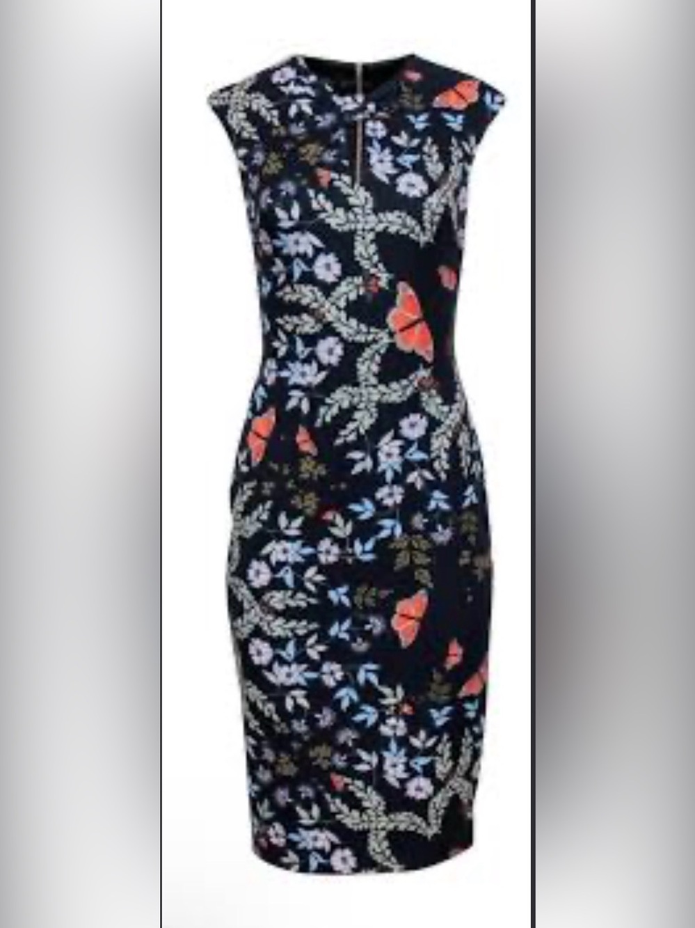 Ted Baker Navy Floral & Coral Butterfly Midi Dress